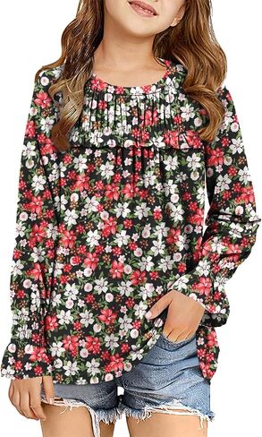 storeofbaby Girls Casual Long Sleeve Shirts Loose Ruffle Tunic Tops Smocked Cuff Blouses 4-13 Years in Kuwait