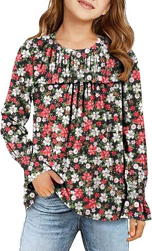 storeofbaby Girls Casual Long Sleeve Shirts Loose Ruffle Tunic Tops Smocked Cuff Blouses 4-13 Years in Kuwait