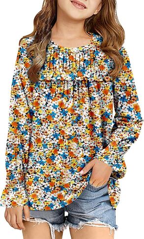 storeofbaby Girls Casual Long Sleeve Shirts Loose Ruffle Tunic Tops Smocked Cuff Blouses 4-13 Years in Kuwait