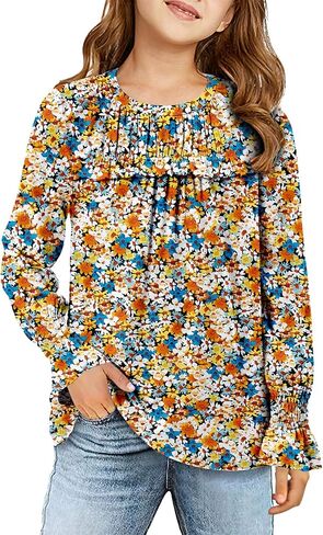 storeofbaby Girls Casual Long Sleeve Shirts Loose Ruffle Tunic Tops Smocked Cuff Blouses 4-13 Years in Kuwait