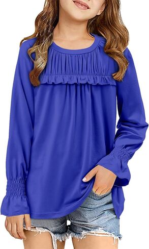storeofbaby Girls Casual Long Sleeve Shirts Loose Ruffle Tunic Tops Smocked Cuff Blouses 4-13 Years in Kuwait