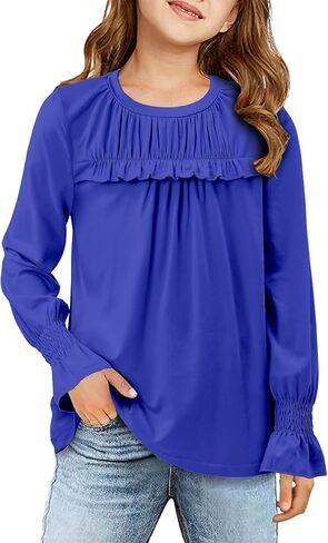 storeofbaby Girls Casual Long Sleeve Shirts Loose Ruffle Tunic Tops Smocked Cuff Blouses 4-13 Years in Kuwait
