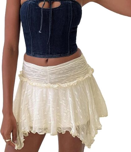 Women Lace Mini Skirt Y2k Fairy Asymmetrical Flowy Short Skirt Low Waist Pleated Ruffle Hem Layered Skirts in Kuwait