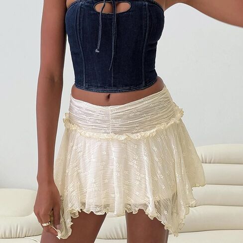 Women Lace Mini Skirt Y2k Fairy Asymmetrical Flowy Short Skirt Low Waist Pleated Ruffle Hem Layered Skirts in Kuwait
