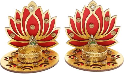 Set of 2 Decorative MDF Wooden Lotus T Light Holder Candle Stand Tealight Holder for Indian Traditional Festival Diwali Decorations Lighting Accessories Home Decor(Without Wax)(Size:-4")(Red) in Saudi Arabia