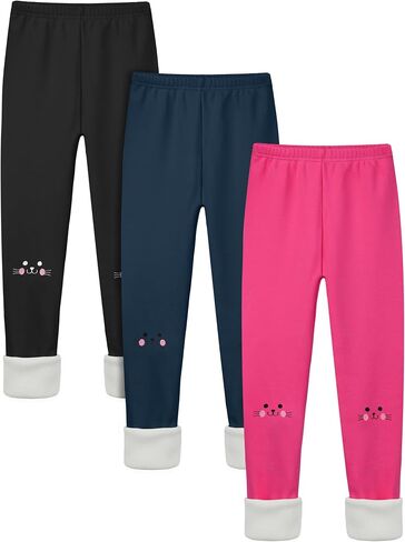 Cooraby 3 Pack Girls Fleece Lined Leggings Cotton Kitty Printed Winter Warm Tights Thick Elastic Thermal Pants for Kids in Kuwait