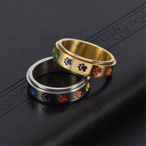 Dog Paw Print Spinner Fidget Ring Stainless Steel Anxiety Rotate Band for Puppy Pet Lovers Commemorate Souvenir Jewelry in Kuwait