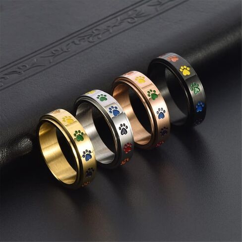 Dog Paw Print Spinner Fidget Ring Stainless Steel Anxiety Rotate Band for Puppy Pet Lovers Commemorate Souvenir Jewelry in Kuwait