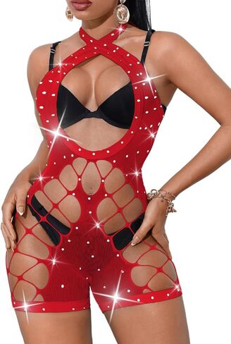 Rhinestone Fishnet Bodysuit,Sexy Cutout Exotic Dancewear,Women Mesh Romper Night Club Rave Outfits in Saudi Arabia