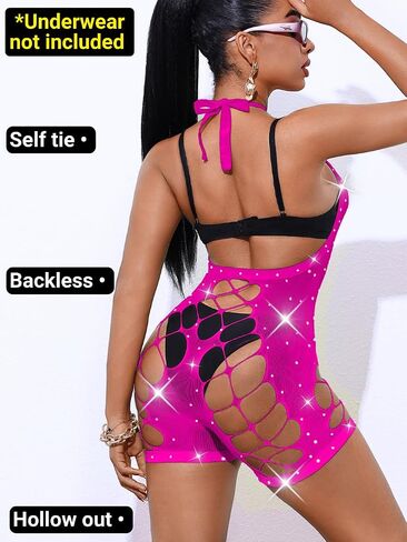 Rhinestone Fishnet Bodysuit,Sexy Cutout Exotic Dancewear,Women Mesh Romper Night Club Rave Outfits in Saudi Arabia