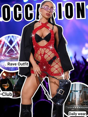 Rhinestone Fishnet Bodysuit,Sexy Cutout Exotic Dancewear,Women Mesh Romper Night Club Rave Outfits in Saudi Arabia