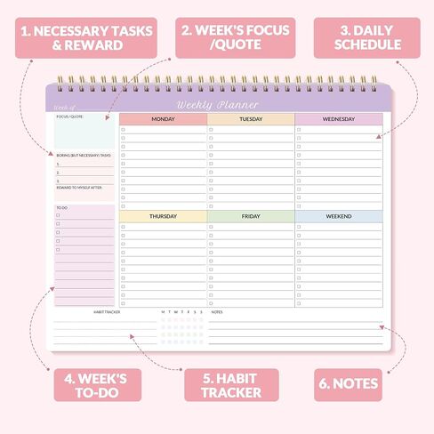 SUNEE Weekly To Do List Notepad - Last for 2 Years, 52 Undated Sheets, 8.5"×11", Spiral Weekly Desk Planner Pad for Adults and Kids, School, Home & Office - Purple in Saudi Arabia