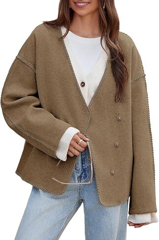 Cicy Bell Womens Cropped Pea Coat Oversized Wool Blend Fall Coats V Neck Embroidered Short Jackets in Saudi Arabia