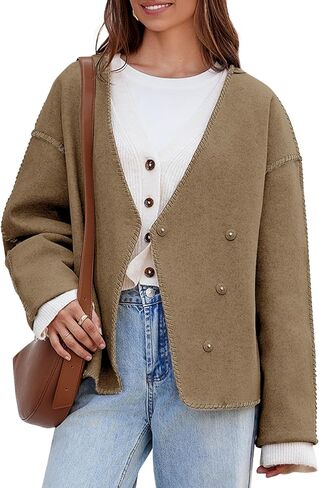 Cicy Bell Womens Cropped Pea Coat Oversized Wool Blend Fall Coats V Neck Embroidered Short Jackets in Saudi Arabia