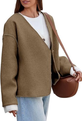 Cicy Bell Womens Cropped Pea Coat Oversized Wool Blend Fall Coats V Neck Embroidered Short Jackets in Saudi Arabia
