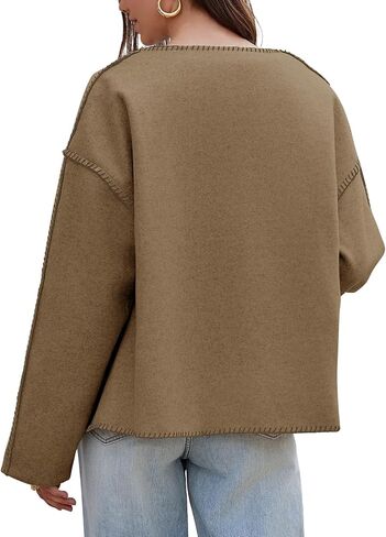 Cicy Bell Womens Cropped Pea Coat Oversized Wool Blend Fall Coats V Neck Embroidered Short Jackets in Saudi Arabia