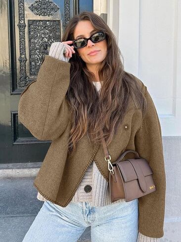 Cicy Bell Womens Cropped Pea Coat Oversized Wool Blend Fall Coats V Neck Embroidered Short Jackets in Saudi Arabia
