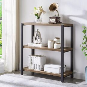 FOLUBAN 3 Tier Bookshelf, Industrial Bookcase and Book Shelves for Bedroom, Rustic Wood and Metal Book Case for Office, Oak