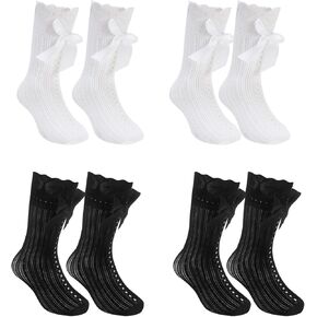 4 Pairs Girls Knee High Socks,Cute Lace Long Socks for 5-12 Years Girls,Mesh High Socks with Bow for Girls,Cotton Ruffle Stocking Dress Socks Tube Uniform Fall Stockings for Little Girls Kids