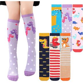 PHOGARY 6 Pairs Girls Knee High Socks, Cute Socks Colorful Cartoon Animal Warm Cotton Socks Crazy Funny Kids Odd Socks Mid Calf Long Boot Socks for 3-12 Years Girls, One Size (Dinosaur)