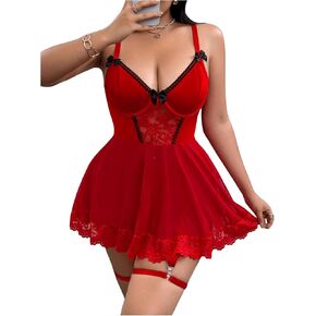 Women's Plus Size 4 Piece Garter Lingerie Sets Lace Bowknot Push Up Babydoll Nightgown with Panty