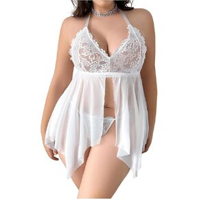 OYOANGLE Women's Plus Size Lingerie Sleepwear 2 Piece Lace Sheer Split Front Halter Babydoll Chemise Nightgown