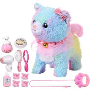 Interactive Toy Cat for Kids, Touch and Voice Controlled Remote Control Cat with Leash, Lifelike Walking Cat Toy Walk, Meow, and Wags Tail, Best Gift for Boys and Girls Ages 3 4 5 6 7 (Colorful)