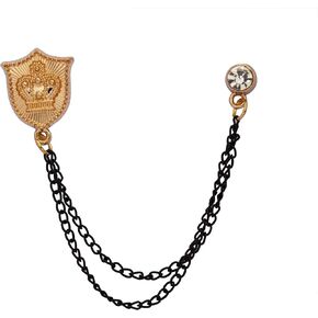 Knighthood Brooch Pin Golden Shield with Crown Engraving and Black Hanging Crystal Chain Brooch Suit Stud Lapel Pin