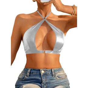 OYOANGLE Women's Pu Leather Lingerie Crisscross Cut Out Halter Bralette No Padded Backless Bra