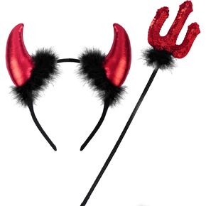 ROSAUI Devil Horns Halloween Headband and Sequin Devil Pitchfork Trident Wand Sets - Classic Red & Black Fancy Costume Accessories for Adults Men and Women