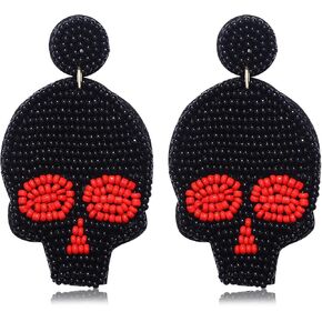 NLCAC Halloween Beaded Skull Earrings Statement Spooky Sugar Skull Skeleton Beaded Dangle Earrings Halloween Costume Jewelry for Women