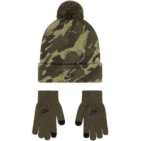 Nike Big Boys 2 Piece Pom Beanie Hat and Gloves Set (One Size, Neutral Olive)