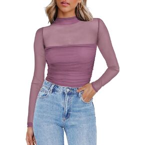 Zeagoo Women's Sexy Mock Turtle Neck Long Sleeve Tops Sheer Mesh Ruched Trendy Going Out Shirts Blouse