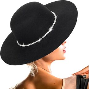 Fedora Hats for Women Hepburn Style Wide Brim Sun-Hat Rhinestone Dome Top Felt Hat Elegant Lady Wedding Floppy Hat