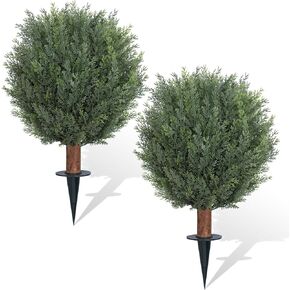 Artificial Cedar Topiary Ball Trees with Ground Spike Set of 2, 24.6inch UV-Resistant Faux Shrubs for Indoor/Outdoor Decor – Fake Cypress Perfect for Garden, Porch, and Patio