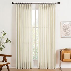 KangBang Pinch Pleat Sheer Curtains 96 Inches Long for Living Room, Textured Linen Blended Pleated Curtains, Light Filtering Modern Farmhouse Drapes, 1Panel, Natural, 52Wx96L