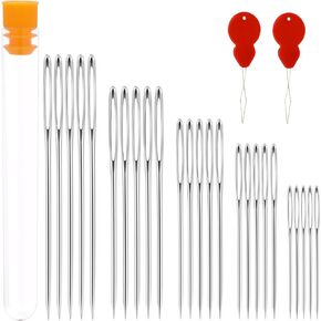 25 Pieces Large Eye Sewing Needles, Hand Sewing Needles with 2 Needle Threaders Stainless Steel Embroidery Needle Assorted Sizes Big Eye Needle Handmade Cross Stitch Needles for Hand Sewing Art Crafts