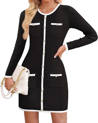 ZESICA Fall Dresses for Women 2024 Long Sleeve Button Color Block Knit Bodycon Short Sweater Dresses with Pockets in Saudi Arabia