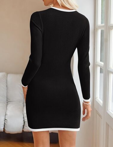 ZESICA Fall Dresses for Women 2024 Long Sleeve Button Color Block Knit Bodycon Short Sweater Dresses with Pockets in Saudi Arabia