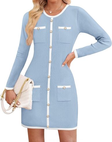 ZESICA Fall Dresses for Women 2024 Long Sleeve Button Color Block Knit Bodycon Short Sweater Dresses with Pockets in Saudi Arabia