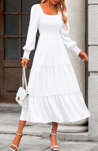 KIRUNDO Women Fall Wedding Guest Dress Elegant Puff Long Sleeve Smocked Empire Waist Swing Flowy Long Dresses with Pockets in Kuwait