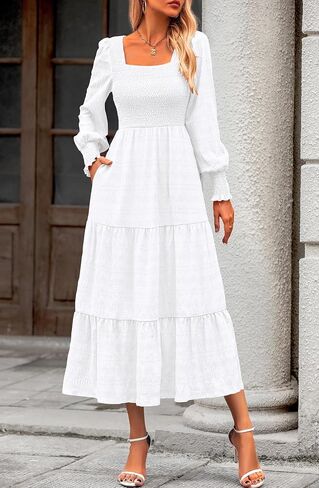 KIRUNDO Women Fall Wedding Guest Dress Elegant Puff Long Sleeve Smocked Empire Waist Swing Flowy Long Dresses with Pockets in Kuwait