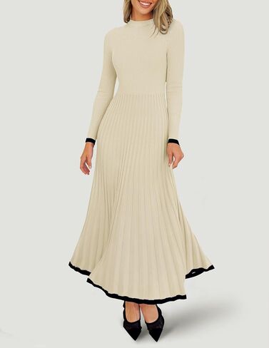 ZESICA Women's Long Sleeve Sweater Dress 2024 Fall Crewneck Ribbed Knit Pleated A-Line Maxi Wedding Guest Dresses in Saudi Arabia
