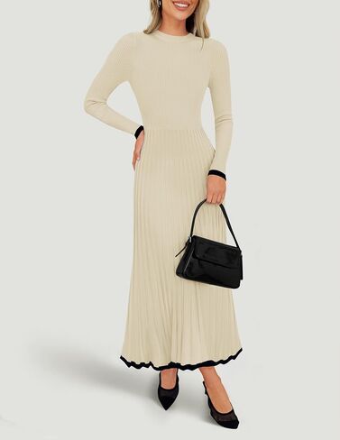 ZESICA Women's Long Sleeve Sweater Dress 2024 Fall Crewneck Ribbed Knit Pleated A-Line Maxi Wedding Guest Dresses in Saudi Arabia