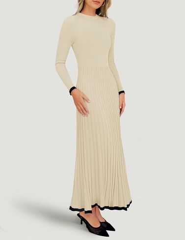 ZESICA Women's Long Sleeve Sweater Dress 2024 Fall Crewneck Ribbed Knit Pleated A-Line Maxi Wedding Guest Dresses in Saudi Arabia