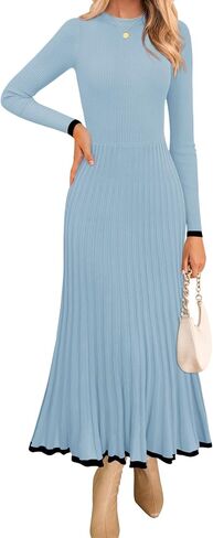 ZESICA Women's Long Sleeve Sweater Dress 2024 Fall Crewneck Ribbed Knit Pleated A-Line Maxi Wedding Guest Dresses in Saudi Arabia