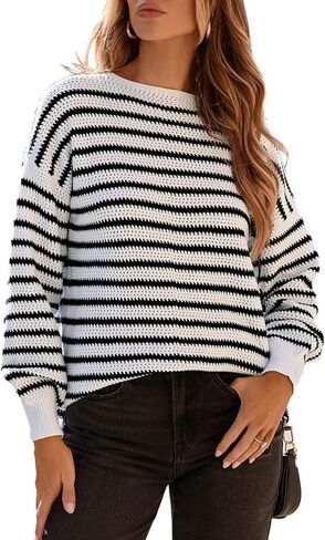 Dokotoo Sweaters for Women Crewneck Long Sleeve Striped Color Block Loose Knit Pullover Sweater Tops in Kuwait