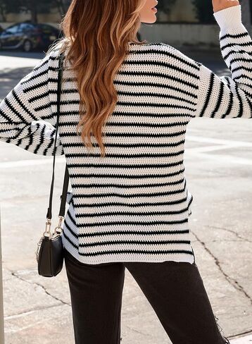 Dokotoo Sweaters for Women Crewneck Long Sleeve Striped Color Block Loose Knit Pullover Sweater Tops in Kuwait