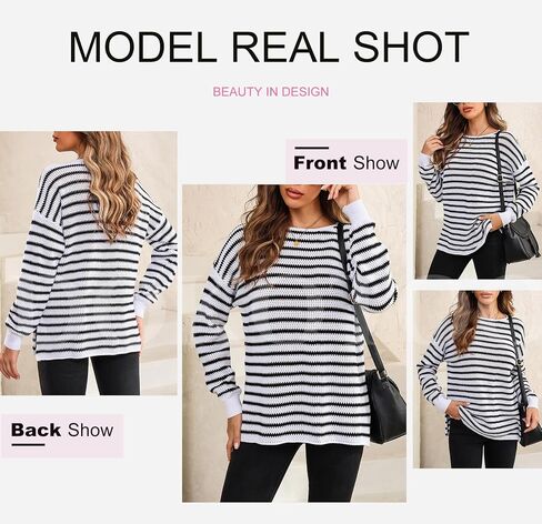 Dokotoo Sweaters for Women Crewneck Long Sleeve Striped Color Block Loose Knit Pullover Sweater Tops in Kuwait