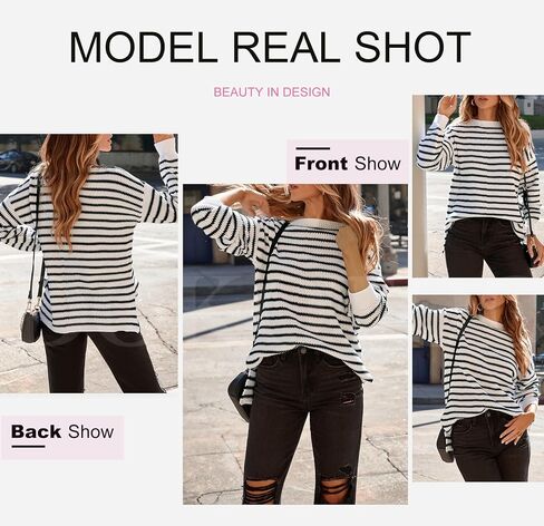 Dokotoo Sweaters for Women Crewneck Long Sleeve Striped Color Block Loose Knit Pullover Sweater Tops in Kuwait
